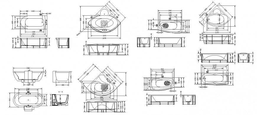 Multiple bathtub blocks with dimension cad drawing details dwg file