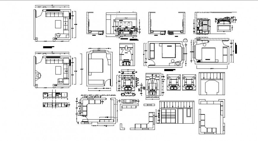 Multiple bedroom and drawing room plan and furniture details for house dwg file