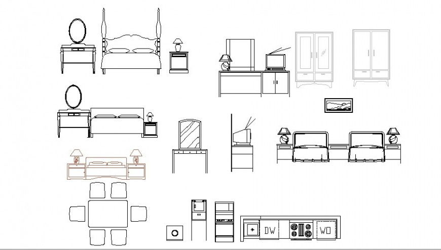 Multiple bedroom furniture blocks details dwg file