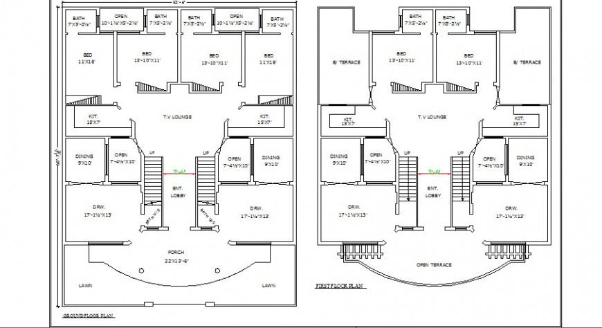 Multiple bedroom house ground and first floor plan cad drawing details dwg file