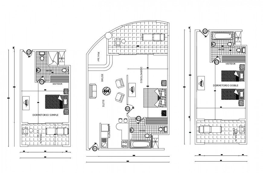 Multiple bedrooms and suits plan details for hotel building dwg file