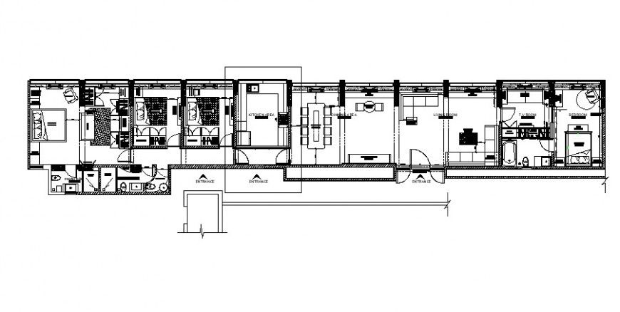 Multiple bedrooms house layout plan cad drawing details dwg file