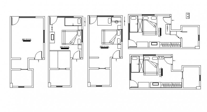 Multiple bedrooms of house layout plan with furniture cad drawing details dwg file