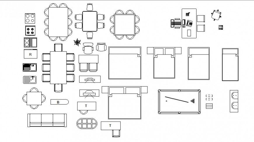 Multiple beds, table and hotel furniture blocks cad drawing details dwg file