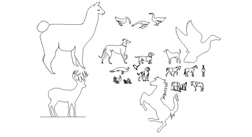 Multiple birds and animal 2d blocks cad drawing details dwg file