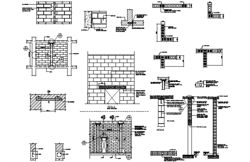 Multiple brick walls of house constructive structure cad drawing details dwg file