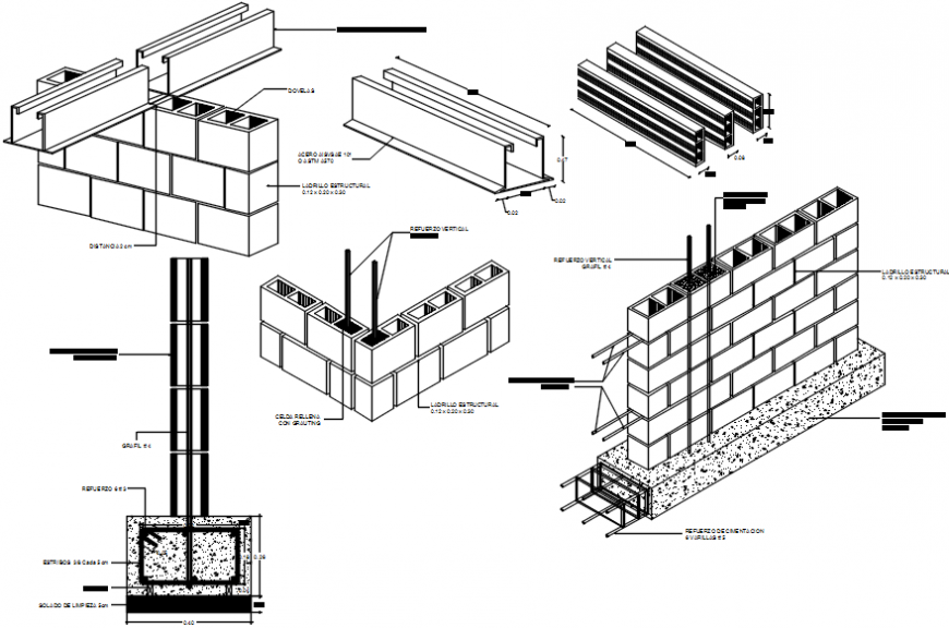 Multiple brick walls sections, plan and construction drawing details dwg file