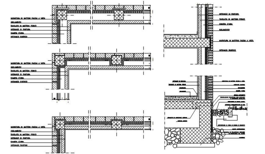 Multiple brick walls sections and construction details dwg file