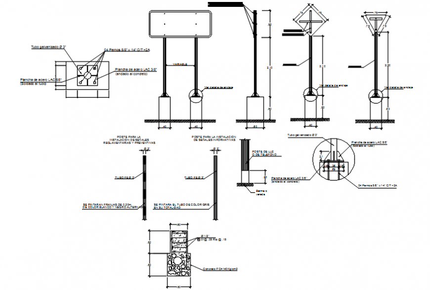 Multiple bridge electrical light poles sections and installation drawing details dwg file