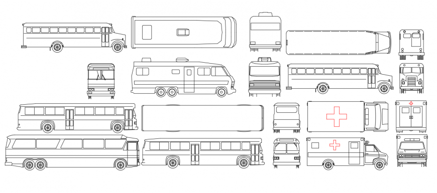 Multiple bus and ambulance elevation blocks drawing details dwg file