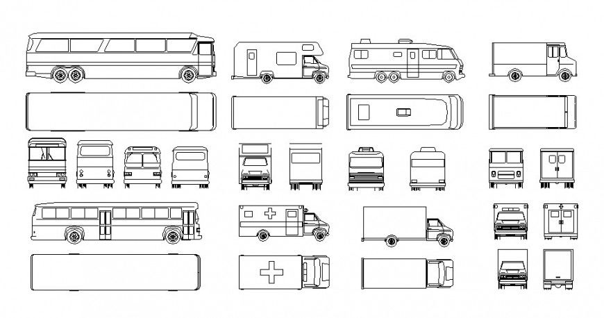 Multiple buses, ambulance and heavy vehicle blocks details dwg file