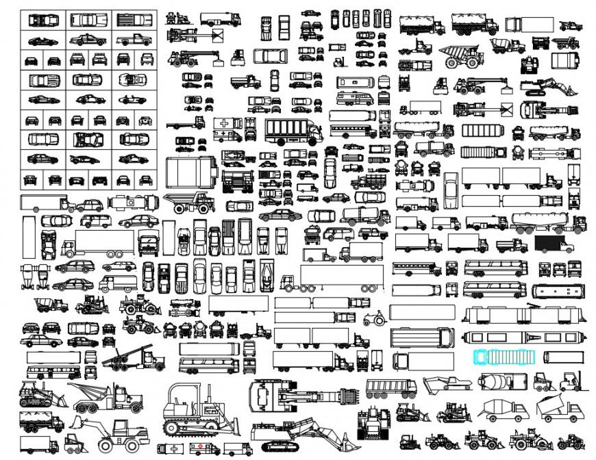 Multiple car, trolley and transportation vehicle blocks drawing details dwg file