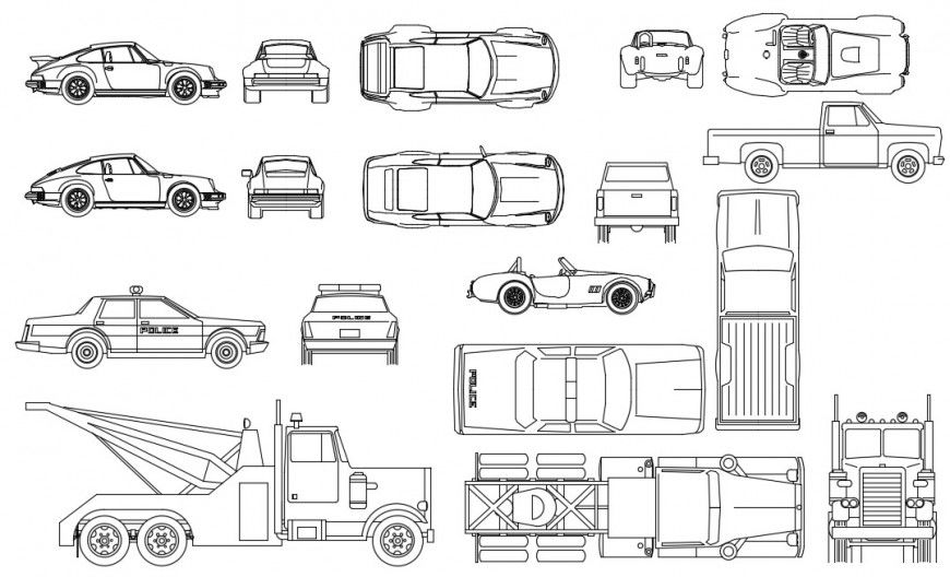Multiple car and transportation truck blocks drawing details dwg file