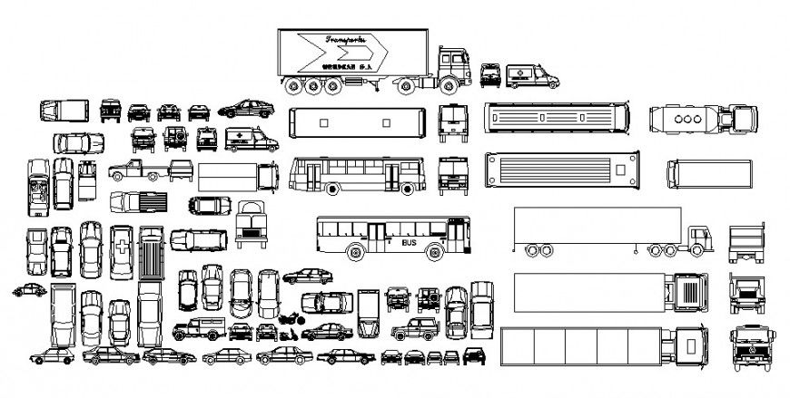 Multiple cars, bus and vehicle blocks cad drawing details dwg file