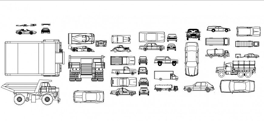 Multiple cars, trucks and transportation vehicle blocks drawing details dwg file