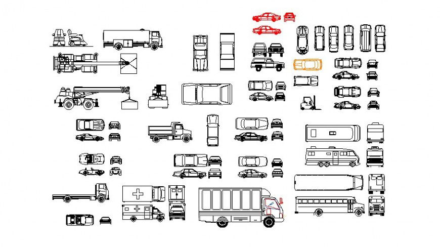 Multiple cars, trucks and vehicle elevation blocks cad drawing details dwg file