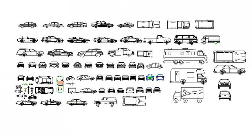 Multiple cars, two wheeler and heavy vehicle blocks drawing details dwg file
