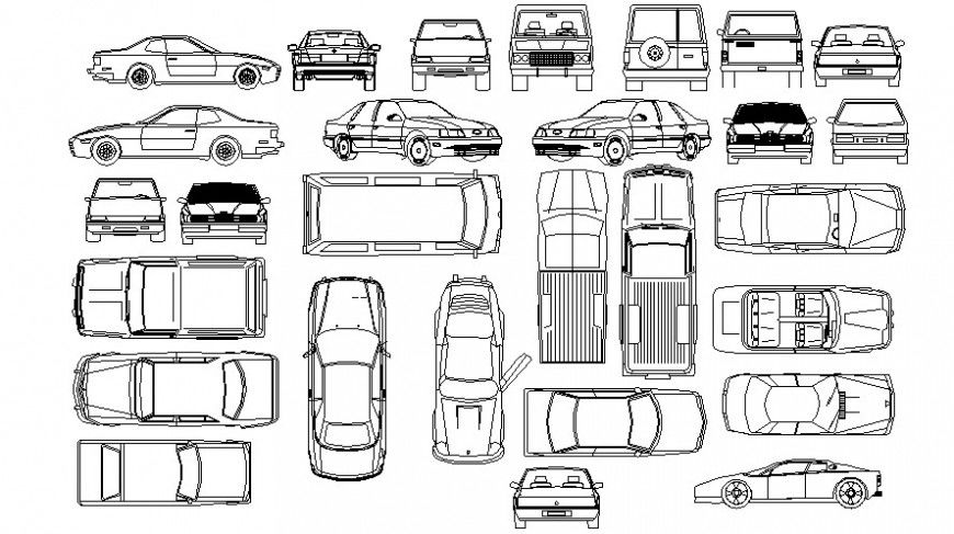 Multiple cars all sided elevation blocks 2d drawing details dwg file