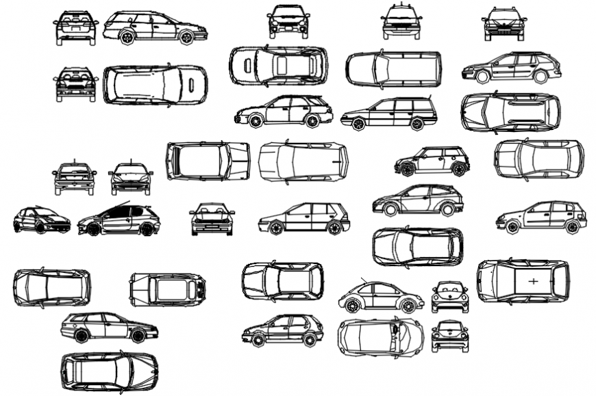 Multiple cars all sided elevation blocks auto-cad drawing details dwg file