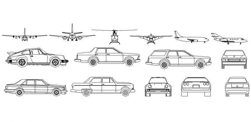 Multiple cars and air-vehicle blocks cad drawing details dwg file