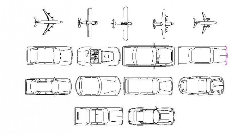 Multiple cars and airplane 2d top view elevation blocks cad drawing details dwg file