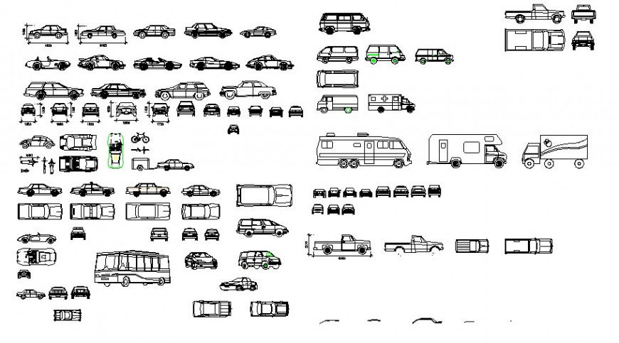 Multiple cars and transportation vehicle blocks dwg file