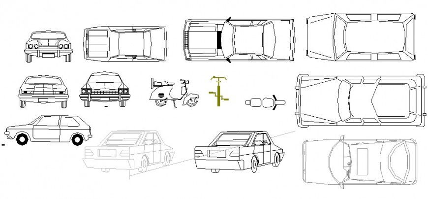 Multiple cars and two wheeler vehicle blocks cad drawing details dwg file