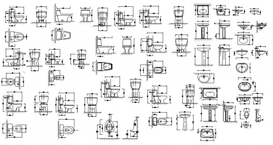 Multiple ceramic toilet sheet and sink elevation blocks drawing details dwg file
