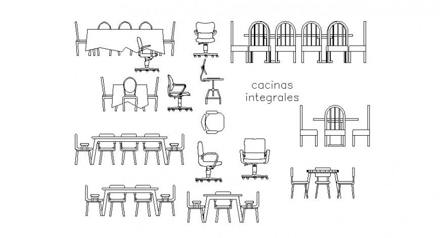 Multiple chair and table elevation blocks cad drawing details dwg file