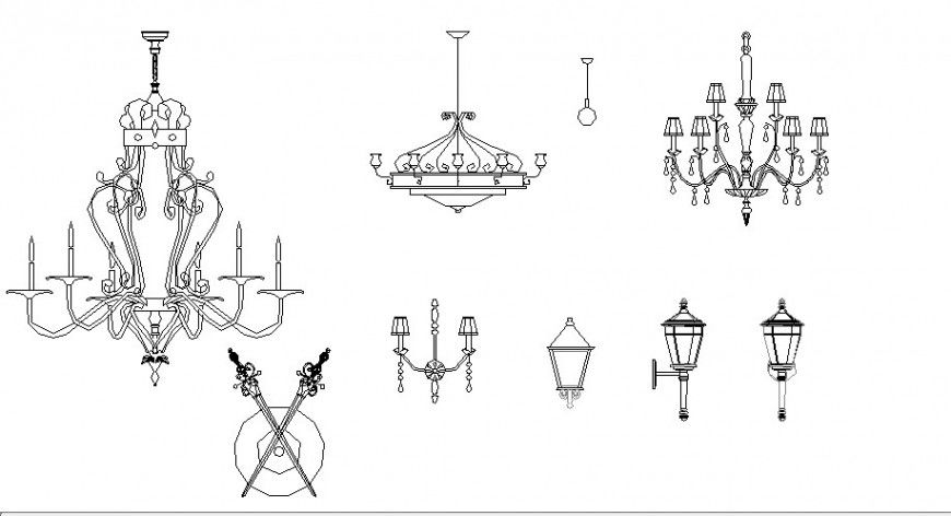 Multiple chandelier and decorative equipment blocks drawing details dwg file