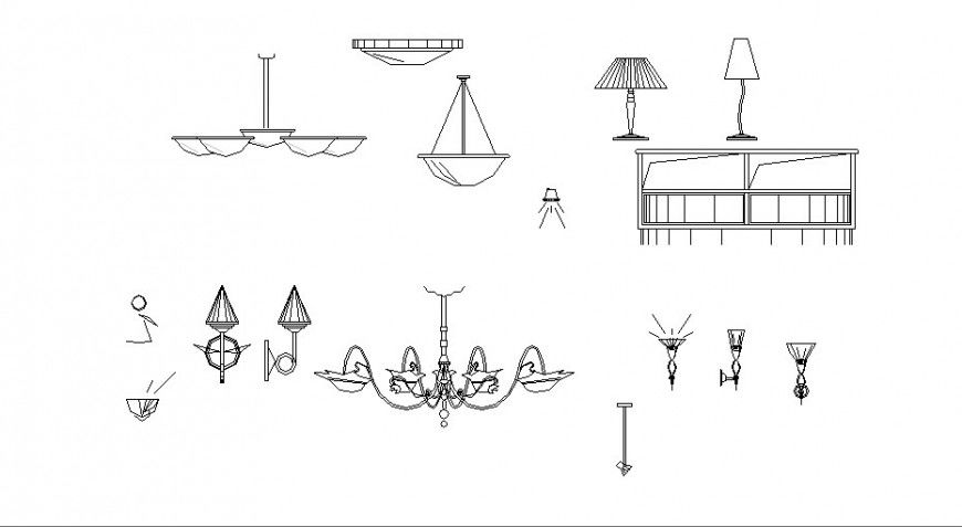 Multiple chandelier and lamps 2d elevation blocks cad drawing details dwg file