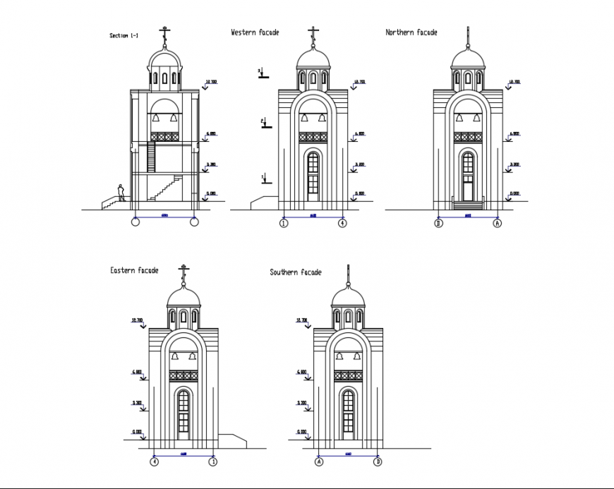 Multiple chapels front elevation view cad drawing details dwg file