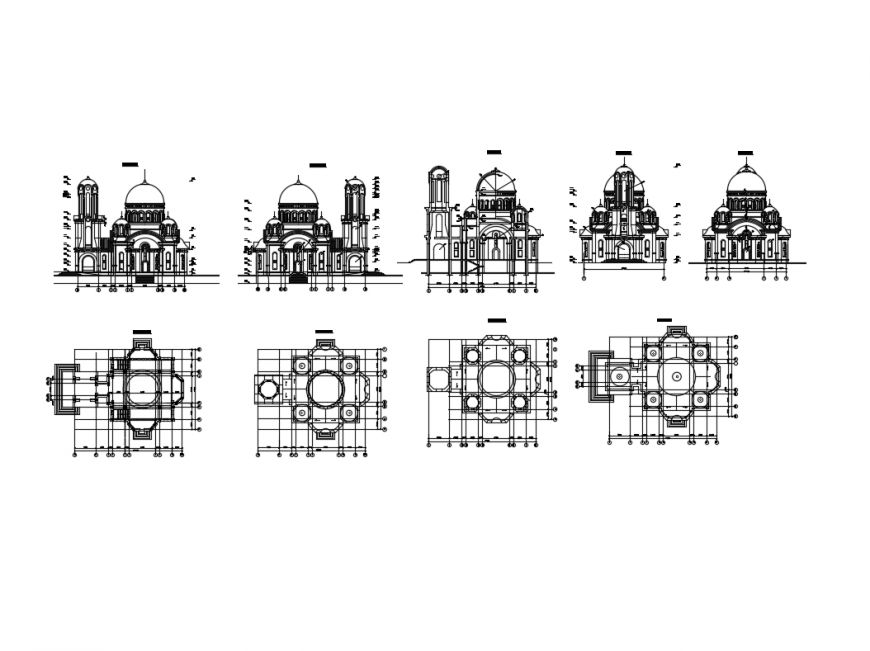 Multiple church elevations and plans cad drawing details dwg file
