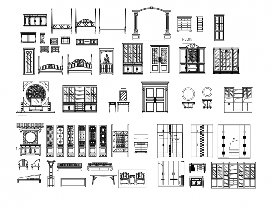 Multiple classic cupboards, cabinets and furniture blocks cad drawing details dwg file