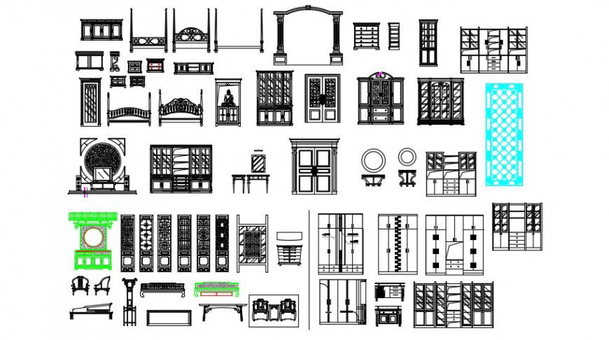 Multiple classic wooden furniture blocks cad drawing details dwg file