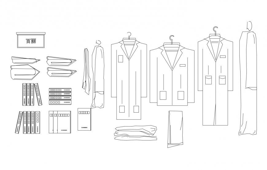 Multiple coats, books and household blocks cad drawing details dwg file