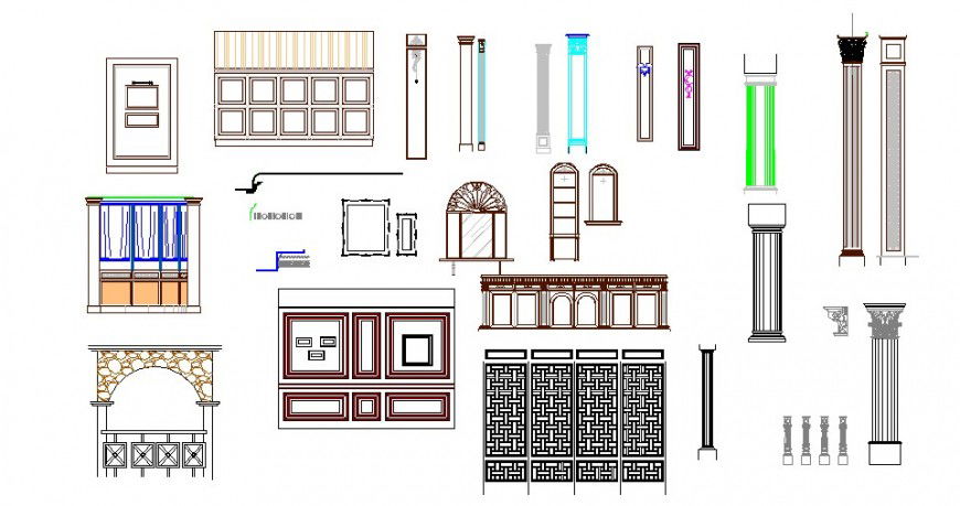 Multiple column, doors, railing and furniture blocks cad drawing details dwg file
