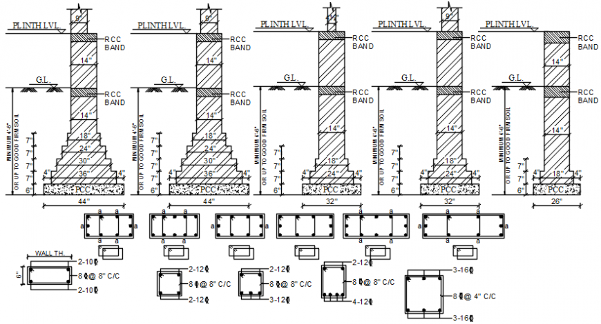 Multiple column sections and construction details with footings dwg file