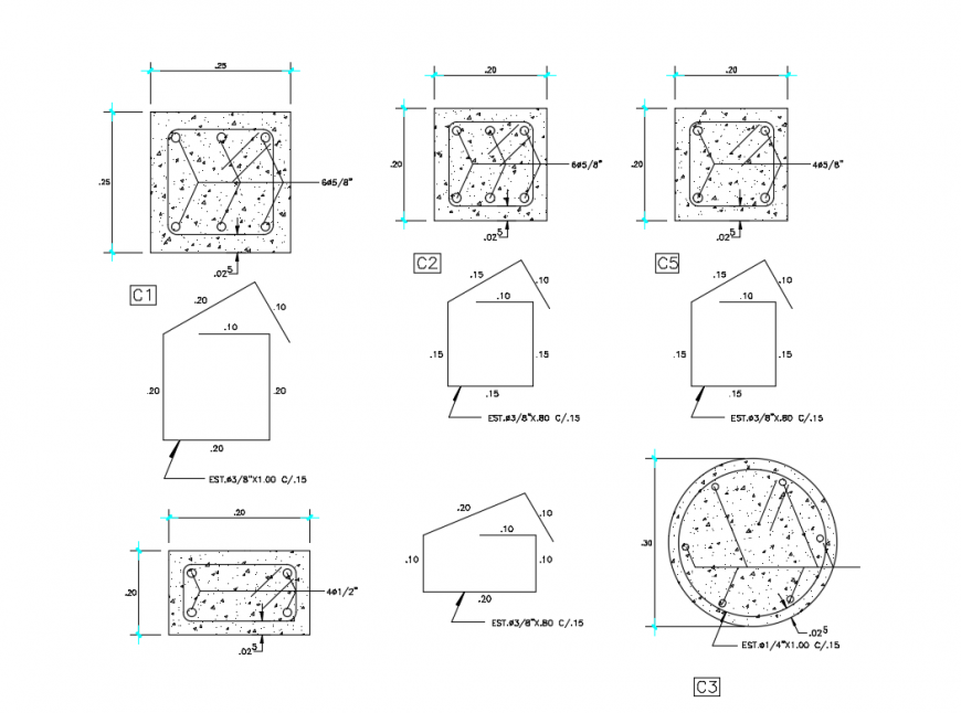 Multiple columns top view elevations and structure details dwg file