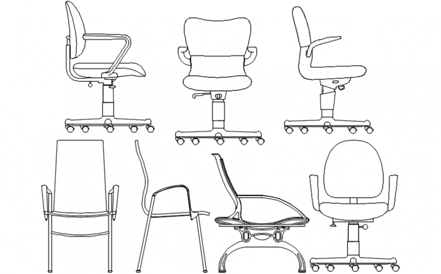 Multiple common and office 2d chair blocks drawing details dwg file