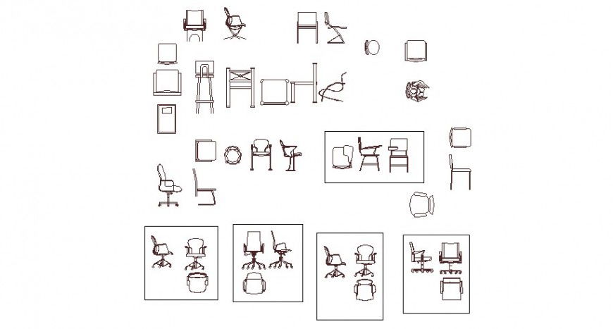 Multiple common and office chair elevation blocks drawing details dwg file