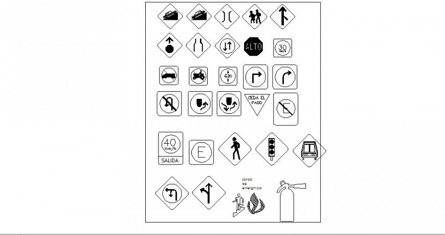 Multiple common and warning symbols cad drawing details dwg file