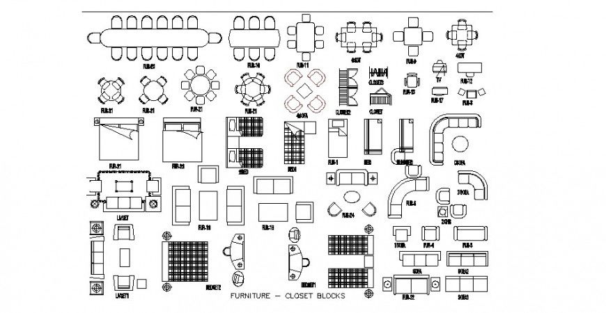 Multiple common furniture and closet blocks cad drawing details dwg file