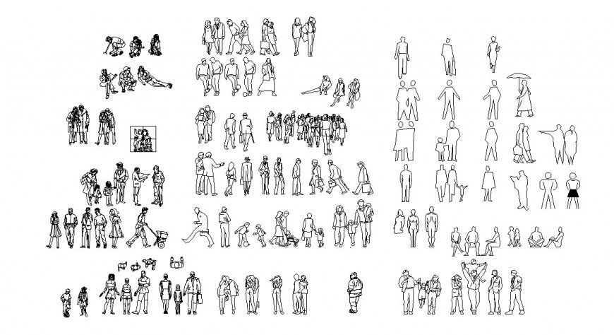 Multiple common people act and pose 2d elevation blocks cad drawing details dwg file