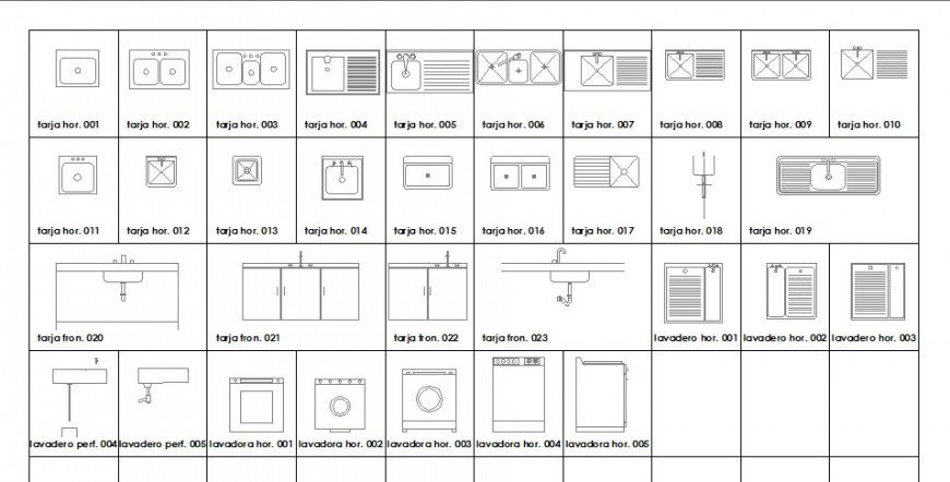 Multiple common sink and kitchen equipment blocks cad drawing details dwg file