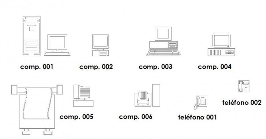Multiple computers with cpu and office equipment blocks details dwg file