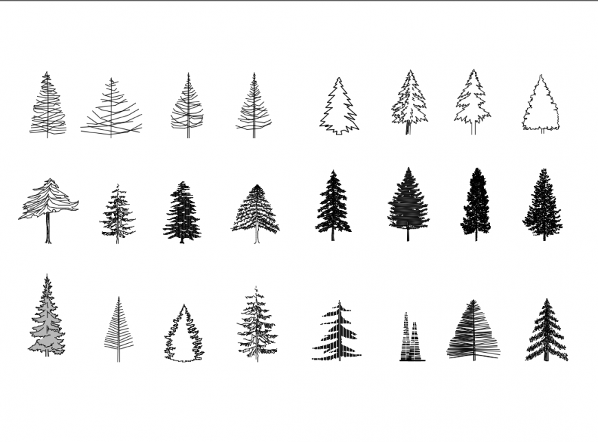 Multiple coniferous trees blocks cad drawing details dwg file