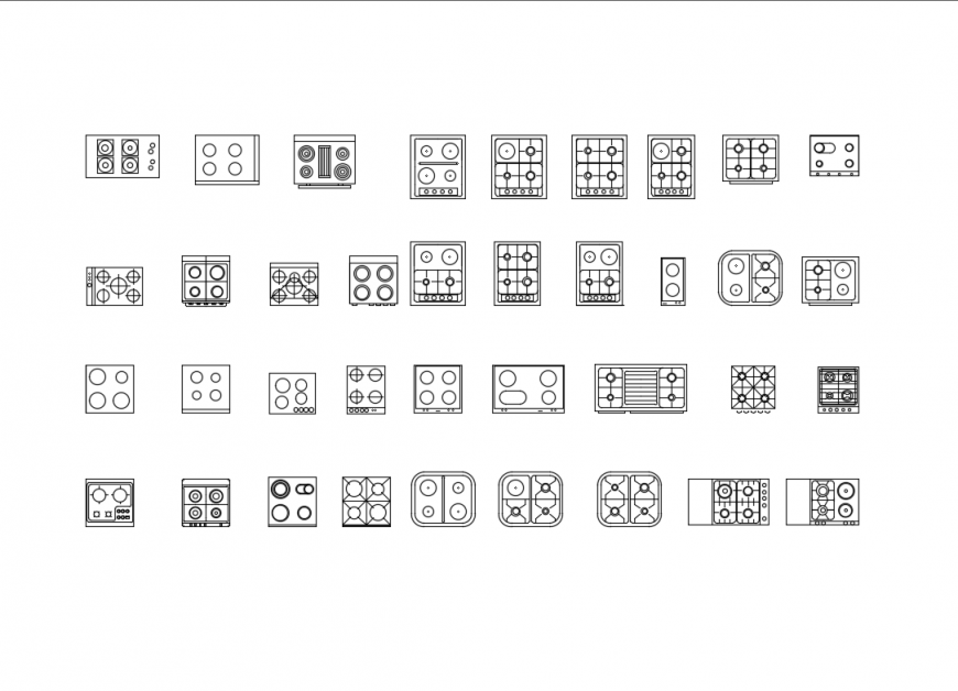 Multiple cook-top gas stove cad blocks details dwg file