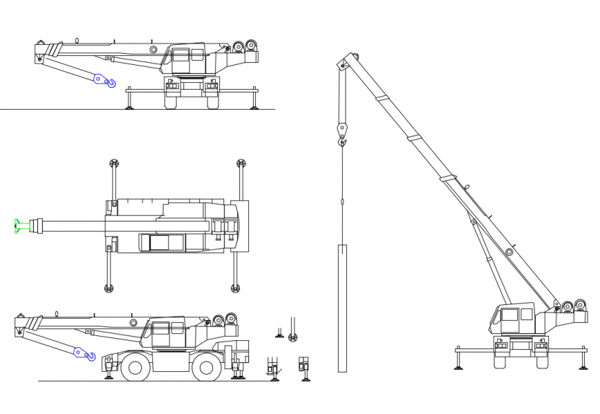 Multiple cranes transport vehicles side view elevations cad blocks design dwg file