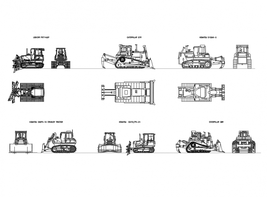 Multiple creative crawler, tractor, bulldozer vehicle blocks details dwg file